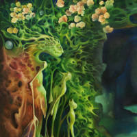 two groups of figures one vegetable, the other mechanical, outside a cave